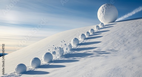 The snowball effect: A growing mass of snow rolls downhill, accumulating more with each revolution,A series of snowballs rolling down a snow covered hill, from small to enormous, contrasting sizes