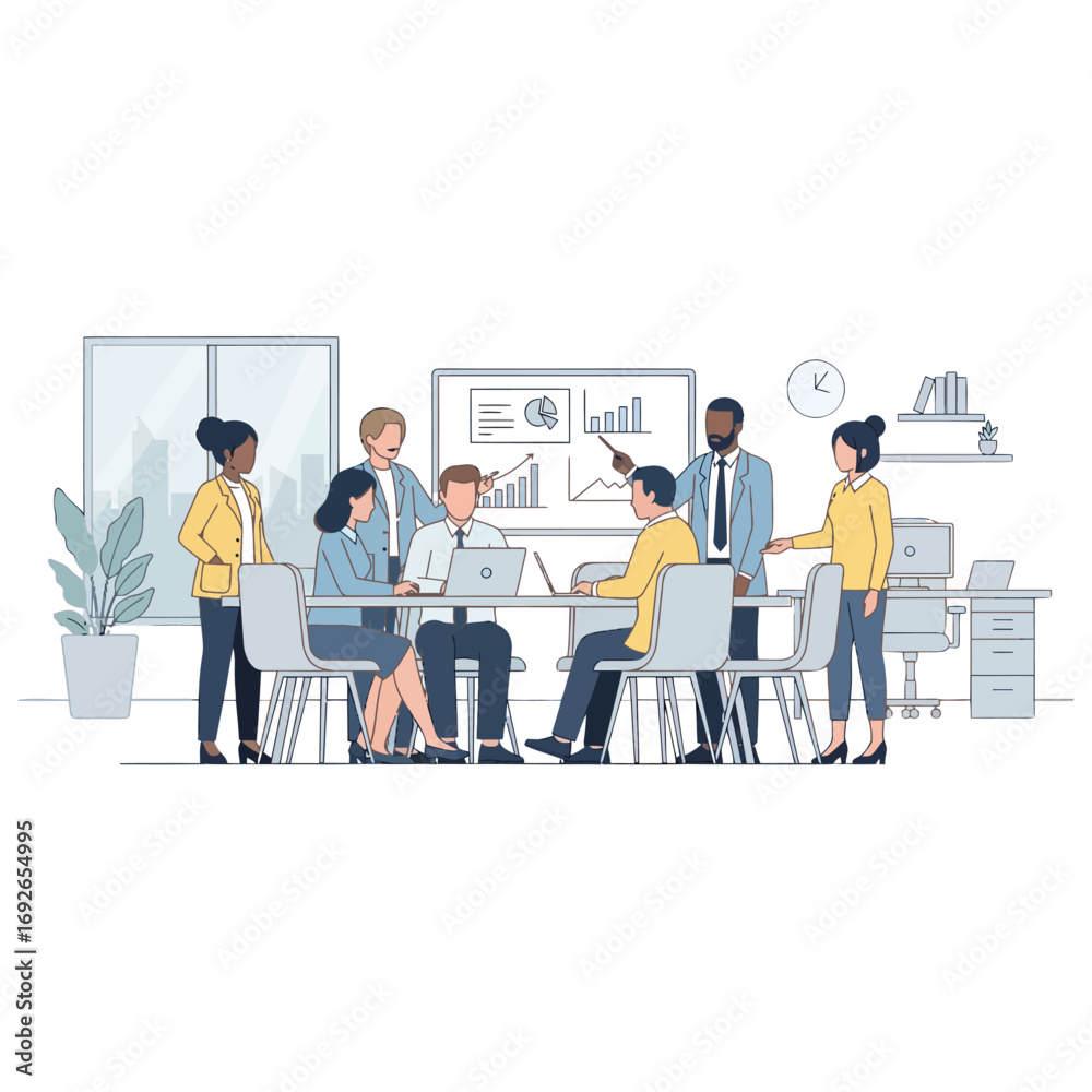 Obraz premium Diverse corporate team in a strategic planning meeting, analyzing data analytics on a digital whiteboard for future growth