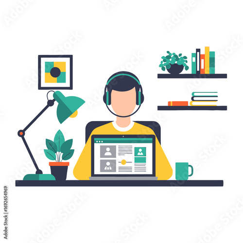 Person wearing headphones at a computer desk engaged in an online video call, illustrating remote work, e-learning, or customer service