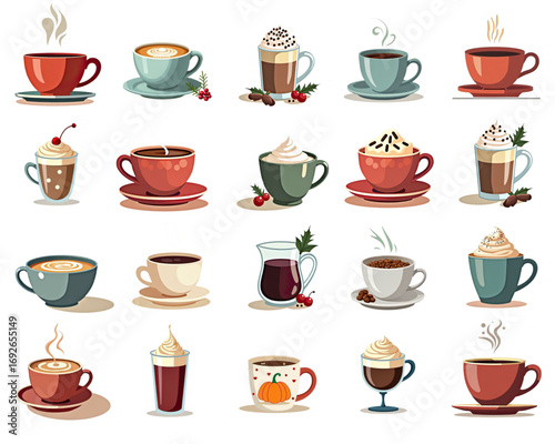Diverse coffee drinks featuring whipped cream, toppings, and decorative elements 