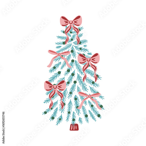 Cute Christmas tree with red and pink bows on white background. Hand drawn vector illustration. Winter holiday and New Year celebration. Design for greeting card, invitation, poster, postcard, print.