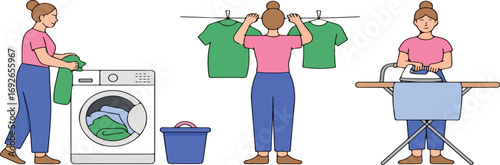 Woman doing laundry hanging clothes and ironing on ironing board