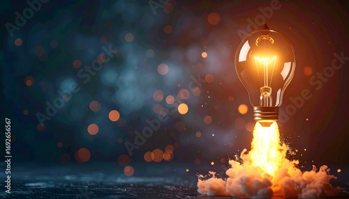 Glowing lightbulb launching like a rocket against a dark background, creative concept symbolizing ideas and innovation light