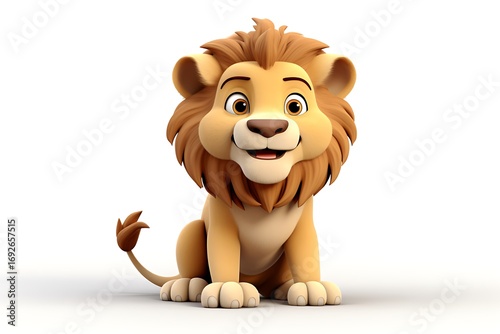 Cheerful cartoon lion character sitting against a plain white background, exuding friendliness and warmth