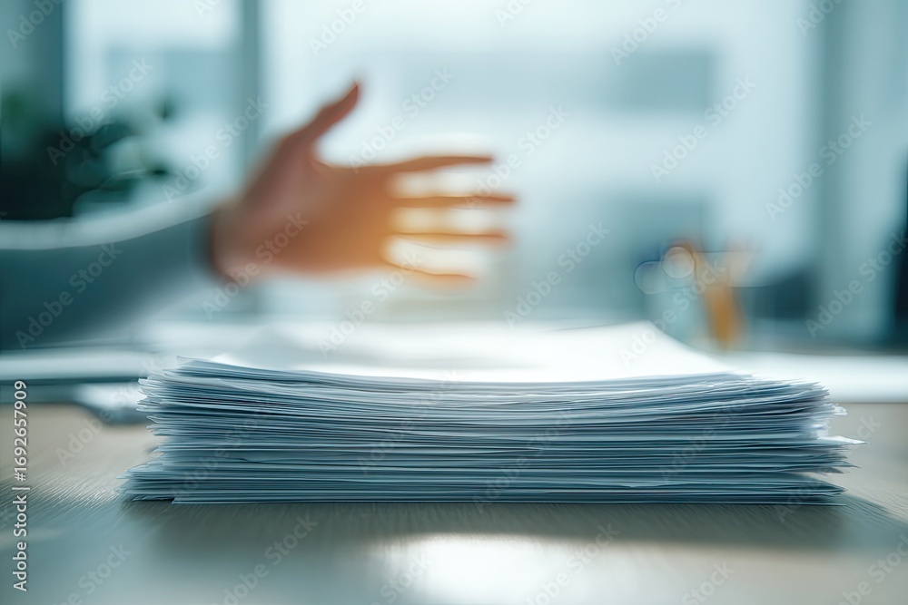 Fototapeta premium Blurred office scene, stack of papers