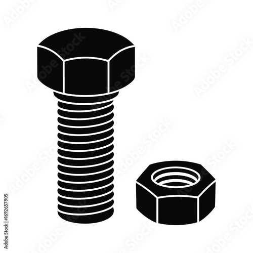 Black silhouette of a hex bolt and nut on white background