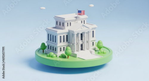 Government building cartoon illustration with american flag for civic education and political science class