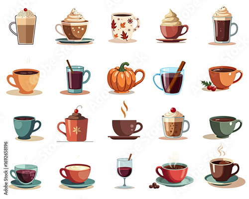 Assorted coffee and beverage cups with toppings, seasonal ingredients, and decorative elements 