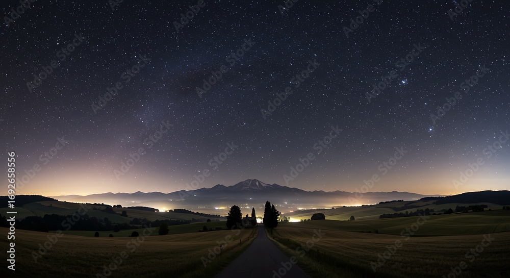 Fototapeta premium Night Sky Over Mountains and Road.
