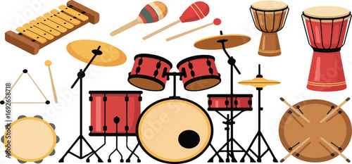 Illustration of various musical instruments on a white background
