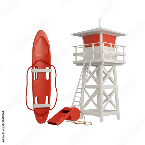 Beach Safety Equipment Lifeguard Tower and Rescue Board with Red Accents on a Transparent Background Render for Beach Safety Concepts