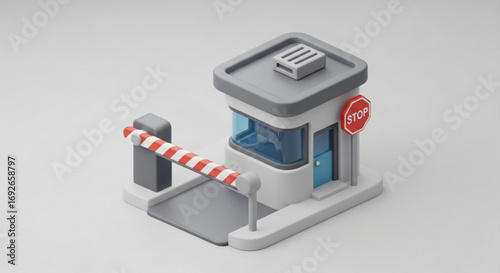 Isometric toll booth security access control point with barrier gate and stop sign for traffic management