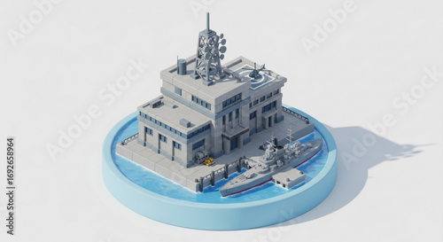 Isometric naval base illustration with warship, helicopter, and communication tower for game asset design