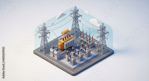 Isometric power substation electricity grid transformer transmission distribution energy generation