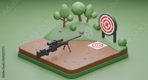 Sniper rifle target practice game low poly isometric scene with trees and targets for shooting range fun