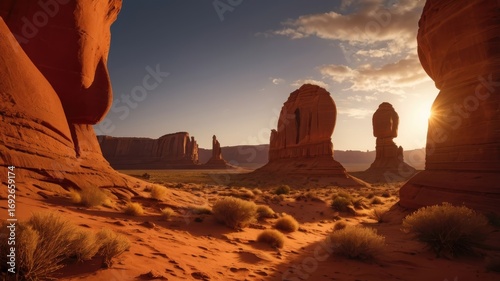Monument Valley's Majestic Buttes Bathed in Golden Sunset Light, Utah, USA