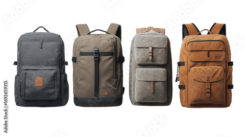 Stylish Travel Backpacks: A flat lay of stylish travel backpacks with sleek designs and functional compartments, isolated on a Transparent background, PNG file.