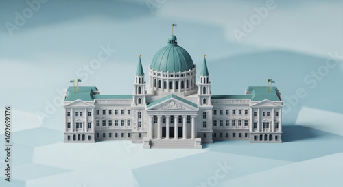 Architectural government building dome facade with columns and windows in light blue color scheme render