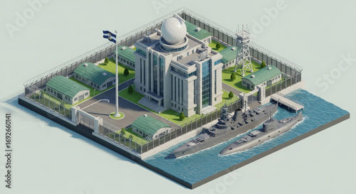 Isometric military naval base radar station battleship submarine surveillance security complex architecture design