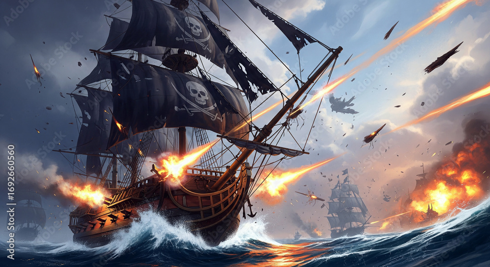Obraz premium A dynamic illustration of a pirate ship in a naval battle with cannons firing and explosions