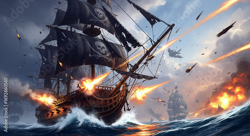 A dynamic illustration of a pirate ship in a naval battle with cannons firing and explosions