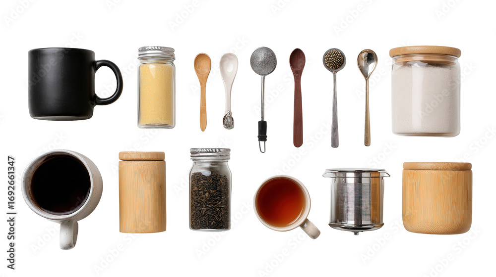 Obraz premium Tea and Coffee Accessories: A flat lay of tea and coffee accessories like mugs, tea infusers, and sugar containers, isolated on a Transparent background, PNG file.