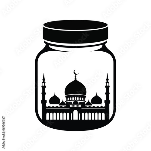 Mosque silhouette inside a glass jar with lid