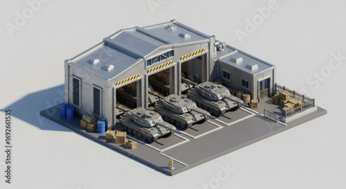 Isometric military tank depot with tanks inside and outside the building for army vehicle concept 3d render