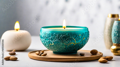 Carved green bowl with burning candle, air freshener bowl in white room, green aromatherapy bowl together with aromatherapy candle