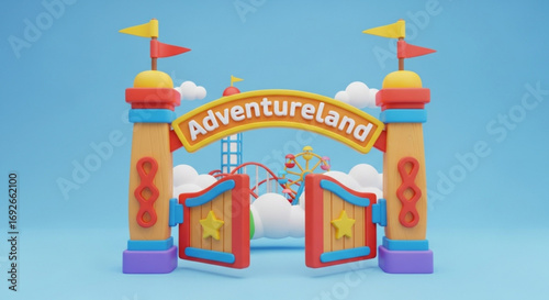 Adventureland theme park entrance illustration with roller coaster and ferris wheel for family fun day out