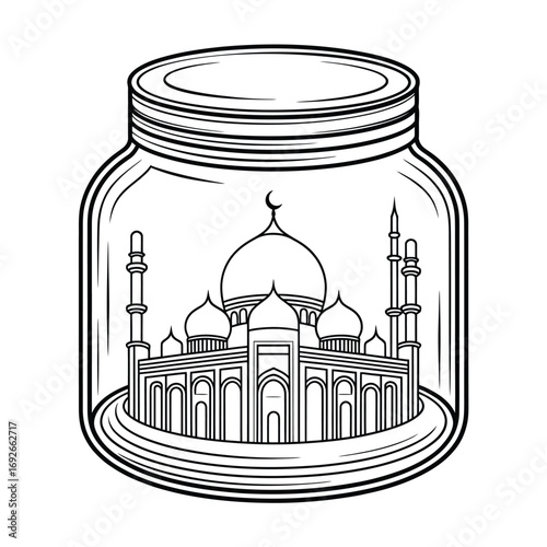 Islamic mosque building inside a glass jar illustration