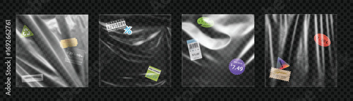 Transparent Plastic Packaging Texture Set with Wrinkles and Price Tags. Realistic Clear Film Overlay for Design