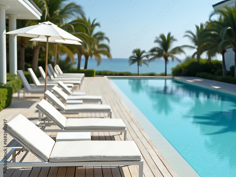 Fototapeta premium Luxury Pool Deck Furniture Arrangement at Tropical Resort