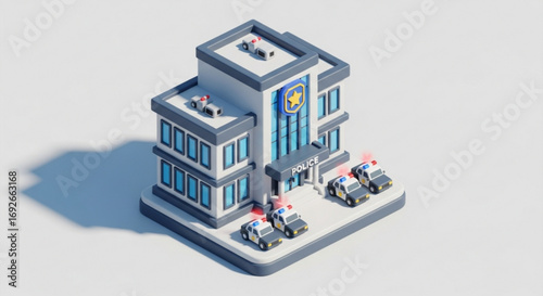 Isometric police station cartoon building with police cars vector illustration for law enforcement agencies