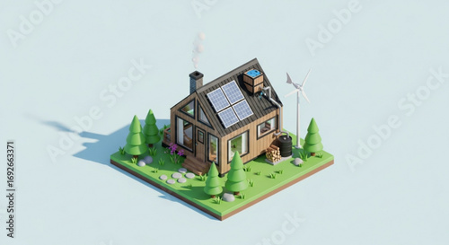 Sustainable living tiny house with solar panels and wind turbine for eco friendly lifestyle and renewable energy