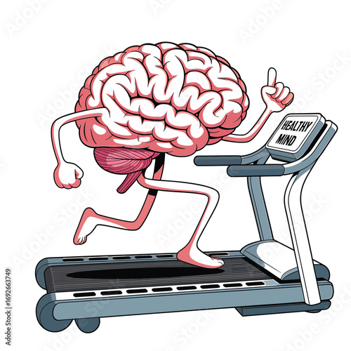 Cartoon brain character running on a treadmill exercising