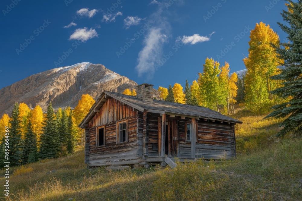 Obraz premium Rustic Log Cabin in Autumn Landscape with Mountain Backdrop
