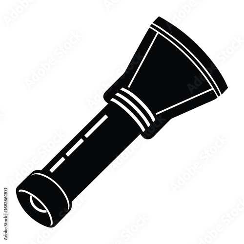 Police officer s handheld searchlight silhouette with bright beam on white background