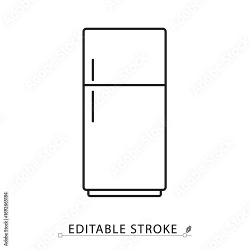 A fridge icon in minimalist style with editable stroke. Kitchen appliance, cooling equipment, household device, domestic utility, modern technology, electric machine, interior element