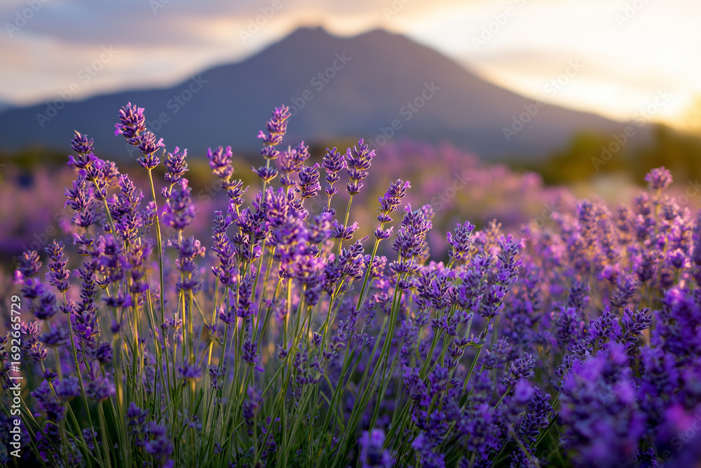 Fototapeta premium Purple lavender blooms fill the foreground as a warm sunset bathes the field, distant mountains outline the horizon, creating a peaceful, cinematic rural scene.