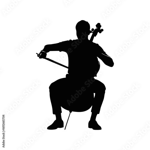 Monocolor vector silhouette of a cellist sitting and playing, clean shape