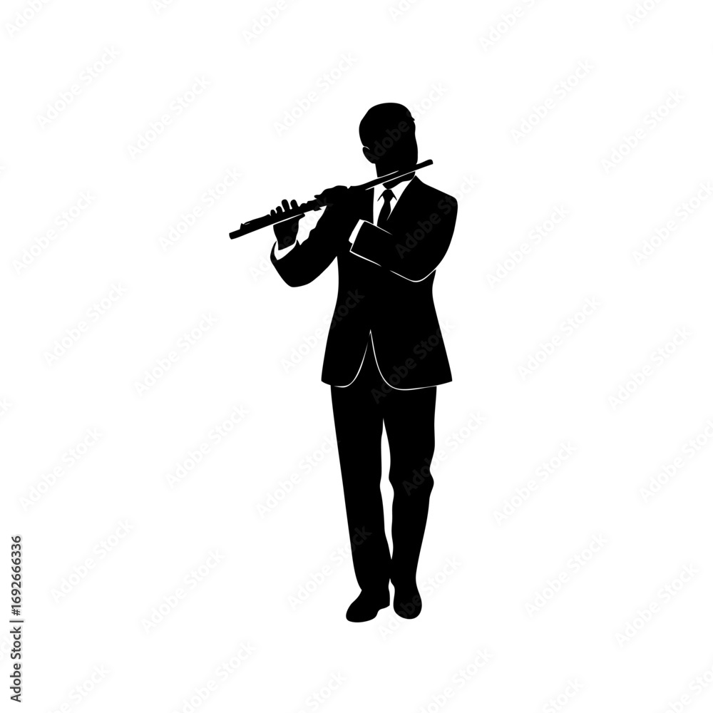 Naklejka premium Monocolor vector silhouette of a flute player standing, minimal style