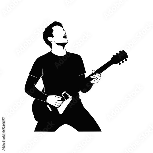Monocolor vector silhouette of a guitarist playing electric guitar, simple pose