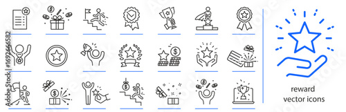 award icon set, reward icons, prize, gift, trophy, simple symbols, linear vector illustration, outline editable stroke