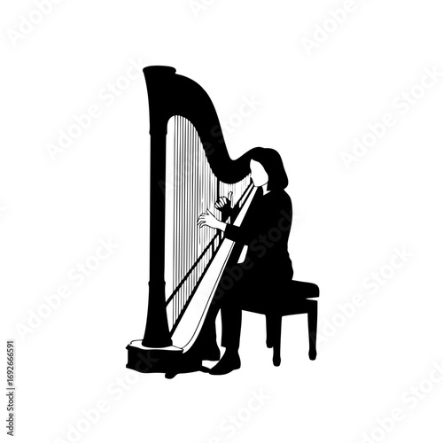Monocolor vector silhouette of a harpist seated and playing harp, simple vector