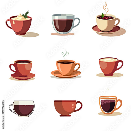 Simple and elegant coffee and beverage cups with various designs and toppings 