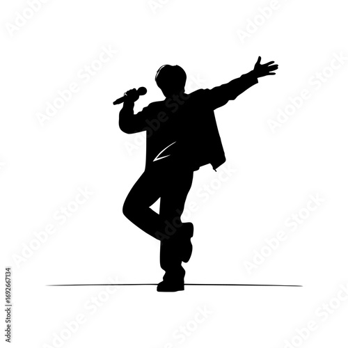 Monocolor vector silhouette of a pop idol dancing with mic, clean vector