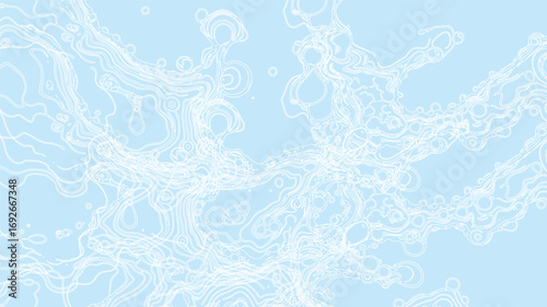 This abstract design shows flowing white lines and circular shapes set against a light blue background, creating a modern and minimalist aesthetic that is visually intriguing