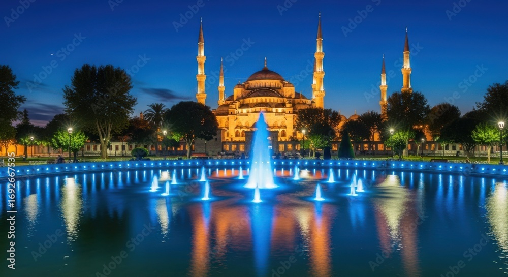 Naklejka premium Stunning Blue Mosque at Night with Illuminated Fountain
