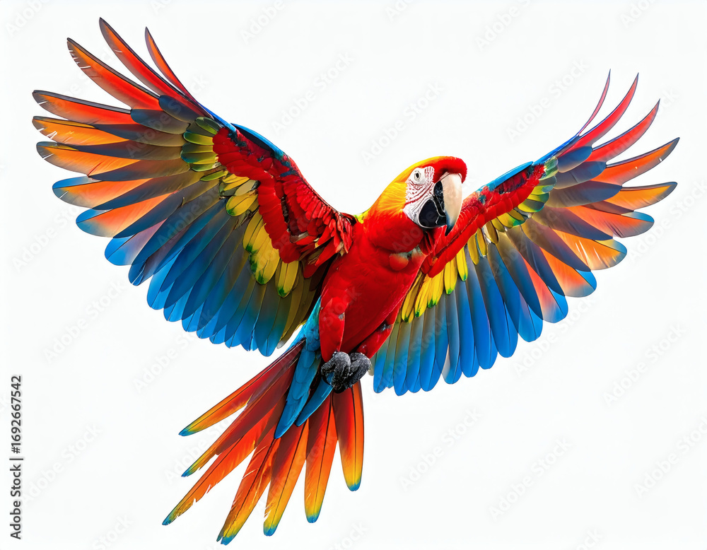 Obraz premium A majestic Scarlet Macaw soars with vibrant red, yellow, and blue feathers, symbolizing freedom in flight against a clean white background